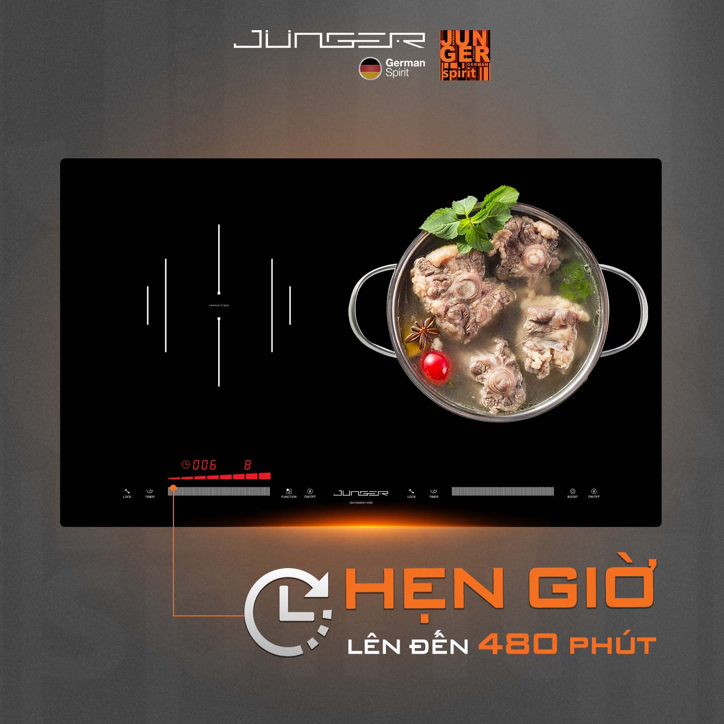 Junger CEJ-204-IF được trang bị rất nhiều tính năng thông minh, đảm bảo an toàn tuyệt đối cho bếp và người sử dụng.