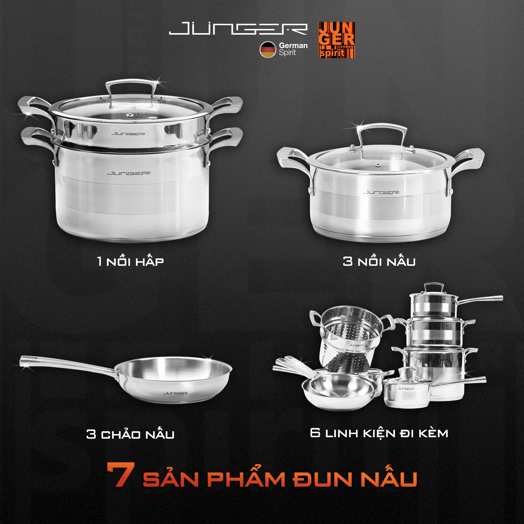 Bộ nồi Inox 13 chi tiết Junger JC-100 được làm từ Inox 304 cao cấp