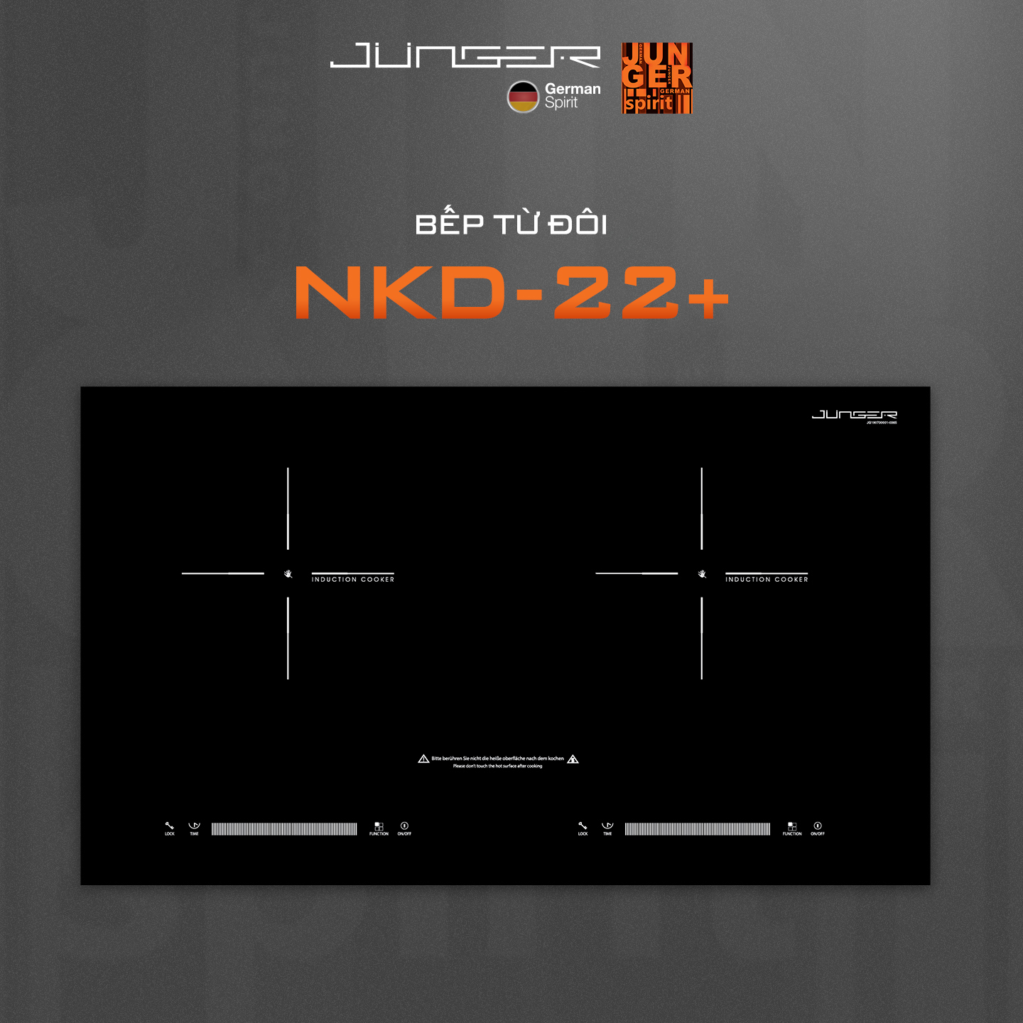 Bếp từ đôi Junger NKD-22+ được thiết kế 2 vùng nấu riêng biệt với kiểu dáng hiện đại chuẩn Đức nâng tầm không gian sống.