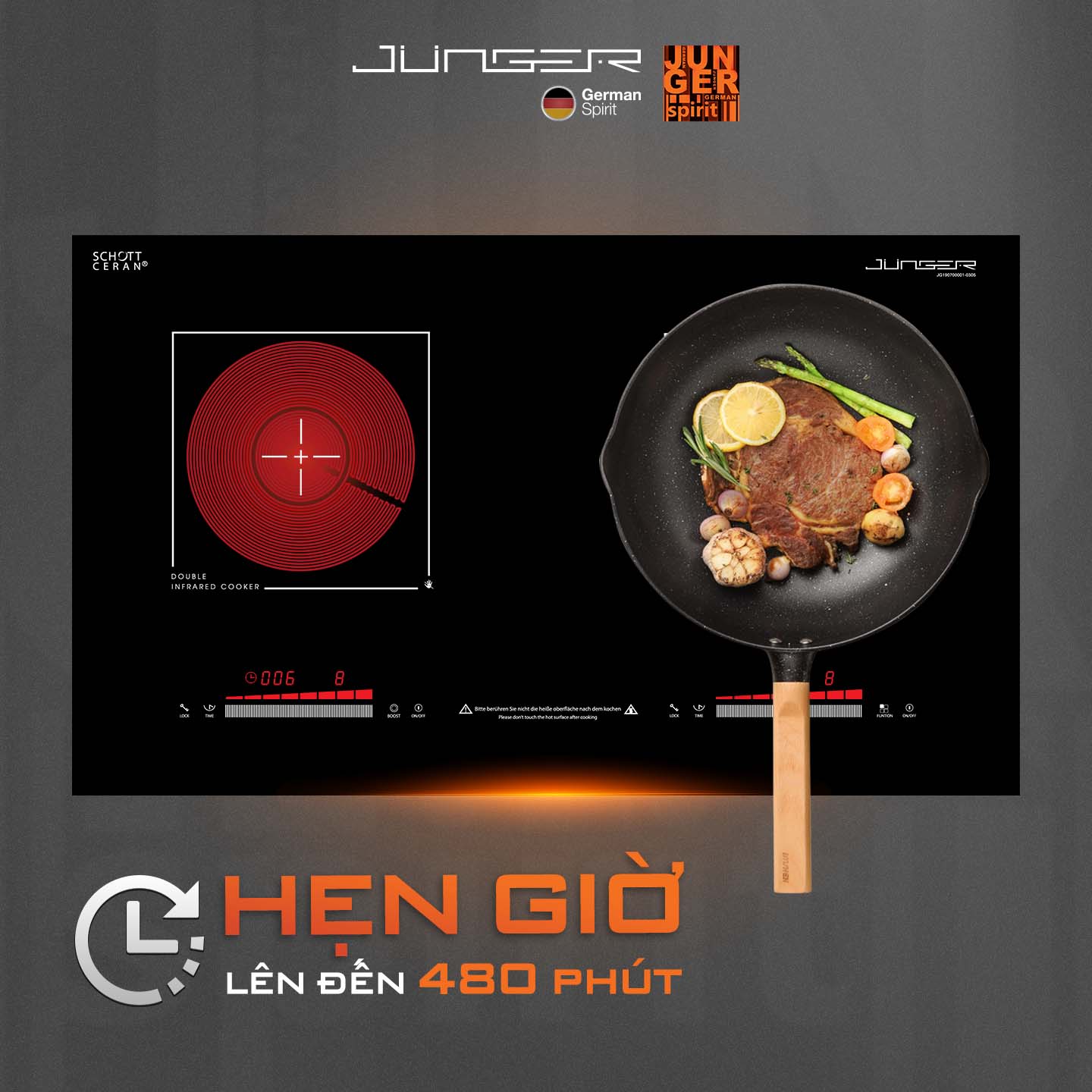 Junger MTD-18 được trang bị rất nhiều tính năng thông minh, đảm bảo an toàn tuyệt đối cho bếp và người sử dụng.