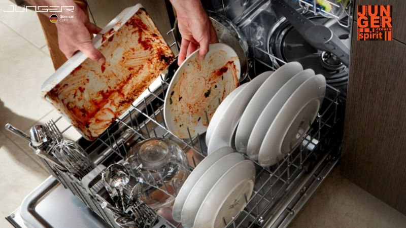Thức ăn thừa bám dính trong máy rửa chén khiến máy rửa bát có mùi tanh hôi
